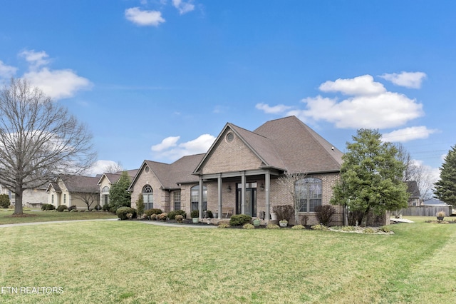 french country style house featuring roof with shingles, a front lawn, and brick siding