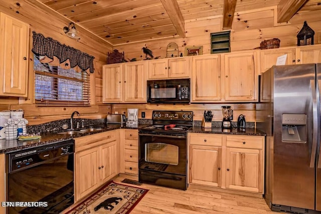 kitchen with black appliances, sink, dark stone counters, light hardwood / wood-style floors, and wood ceiling