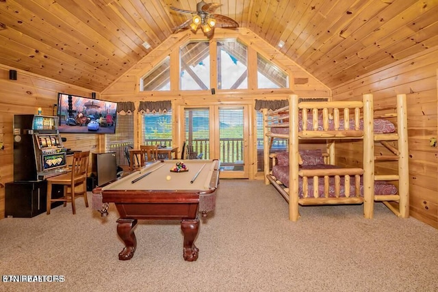 playroom with wood walls, pool table, wooden ceiling, ceiling fan, and carpet