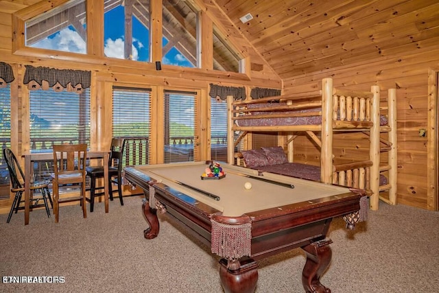 playroom with plenty of natural light, wooden ceiling, and carpet flooring