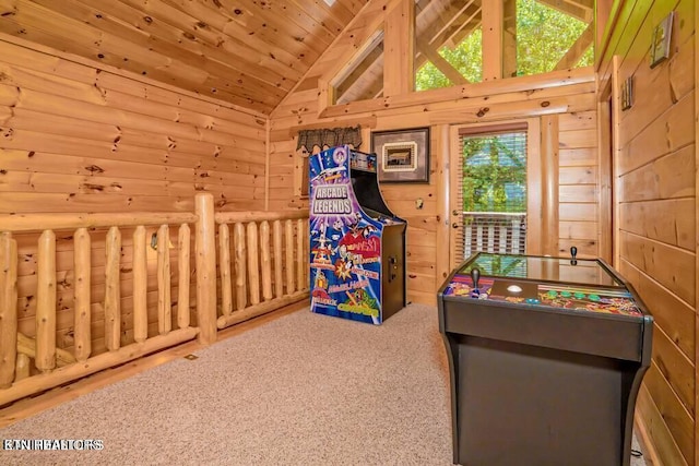 rec room featuring lofted ceiling, wood ceiling, wooden walls, and carpet flooring