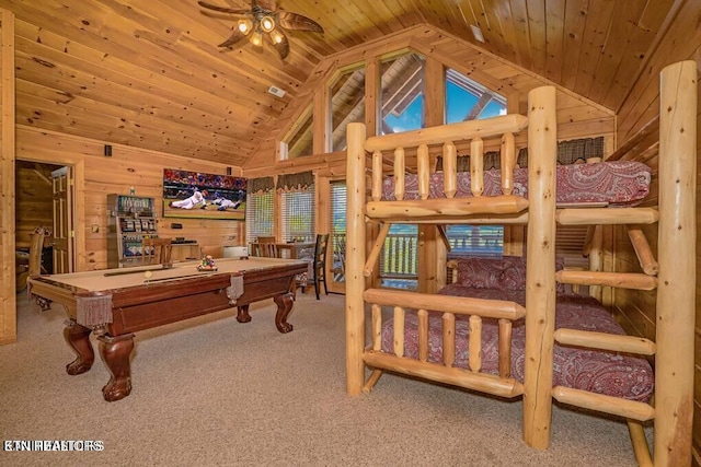 playroom with billiards, wood ceiling, high vaulted ceiling, wooden walls, and light colored carpet