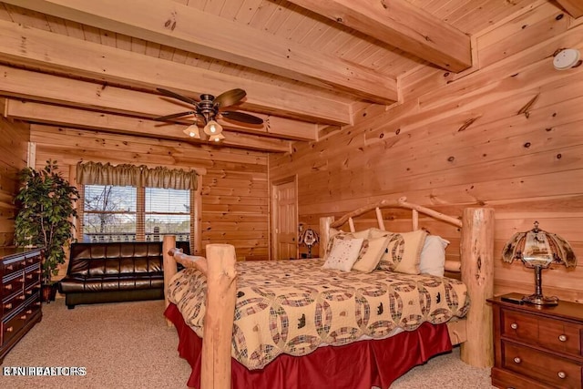 carpeted bedroom featuring wood ceiling, beam ceiling, and wood walls