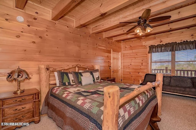 carpeted bedroom featuring wood ceiling, beam ceiling, and wood walls