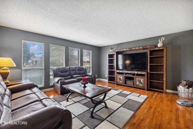 living room featuring wood-type flooring and a textured ceiling