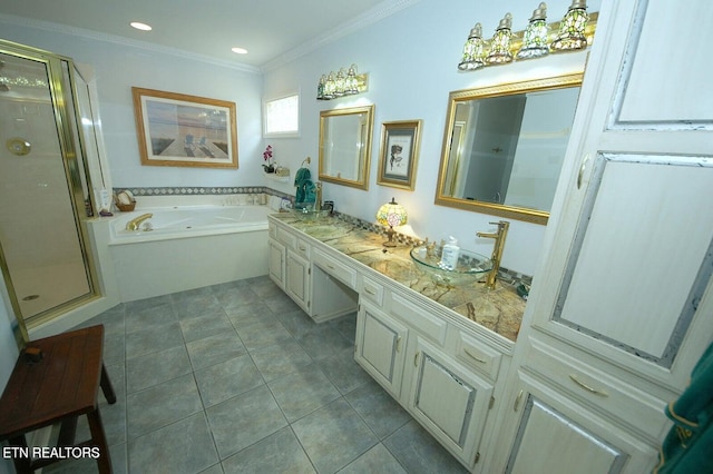 3413 Commodore Pt, Knoxville, TN 37922 - full bathroom featuring a shower stall, a garden tub, ornamental molding, double vanity, and tile patterned floors