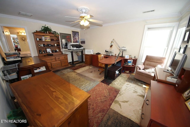 3413 Commodore Pt, Knoxville, TN 37922 - office area featuring ceiling fan, crown molding, and wood finished floors