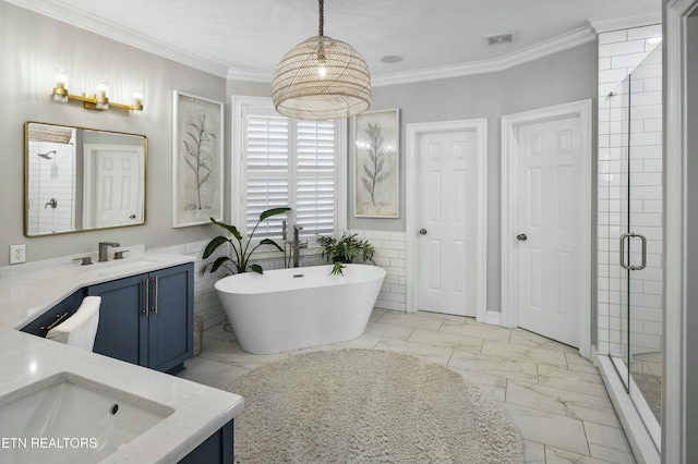 full bath with marble finish floor, visible vents, ornamental molding, a shower stall, and vanity