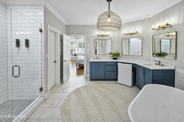 bathroom with marble finish floor, vanity, ornamental molding, and a stall shower