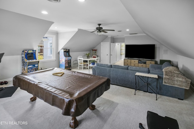 game room featuring baseboards, lofted ceiling, ornamental molding, carpet floors, and recessed lighting