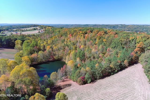 drone / aerial view with a water view and a wooded view