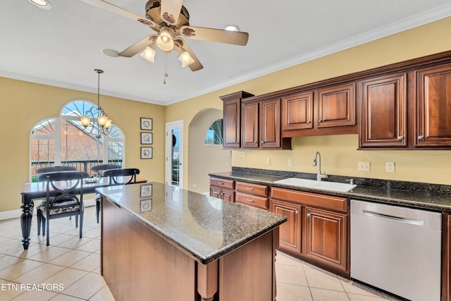 kitchen with sink, a center island, light tile patterned floors, ornamental molding, and dishwasher