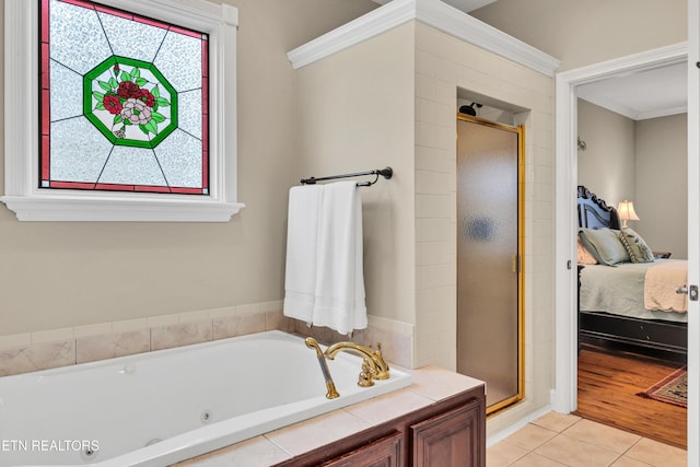 bathroom with independent shower and bath, crown molding, and tile patterned flooring