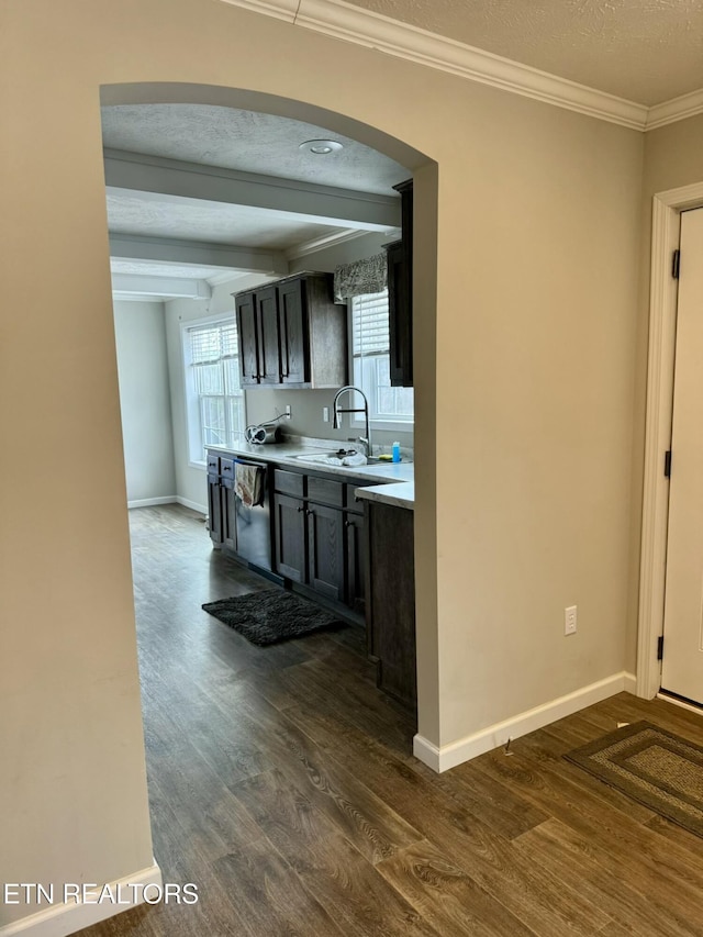 kitchen featuring dark wood-type flooring, light countertops, a sink, and dishwasher