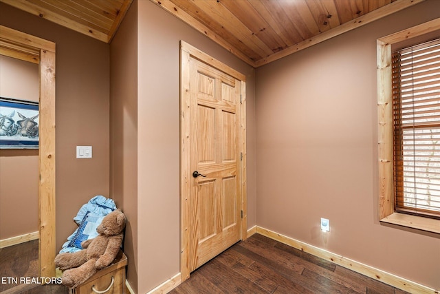 interior space featuring dark hardwood / wood-style floors and wooden ceiling