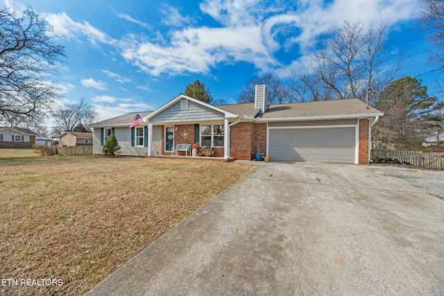 ranch-style house featuring a garage, a front lawn, and a porch