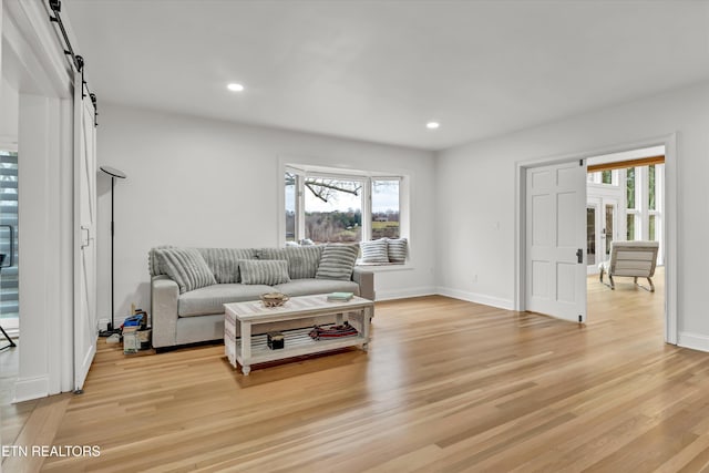 living room featuring a wealth of natural light, a barn door, and light wood-type flooring