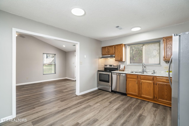 kitchen featuring appliances with stainless steel finishes, sink, hardwood / wood-style floors, and backsplash