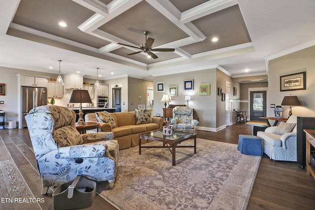 living room with coffered ceiling, crown molding, and dark wood-type flooring