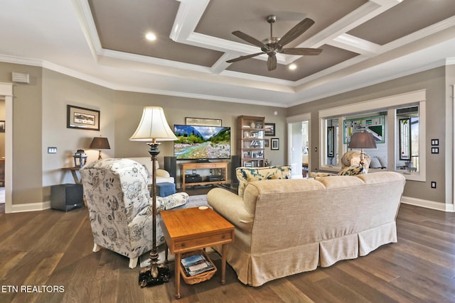 living room featuring crown molding, coffered ceiling, and dark hardwood / wood-style flooring