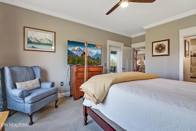 carpeted bedroom featuring access to exterior, ornamental molding, and ceiling fan