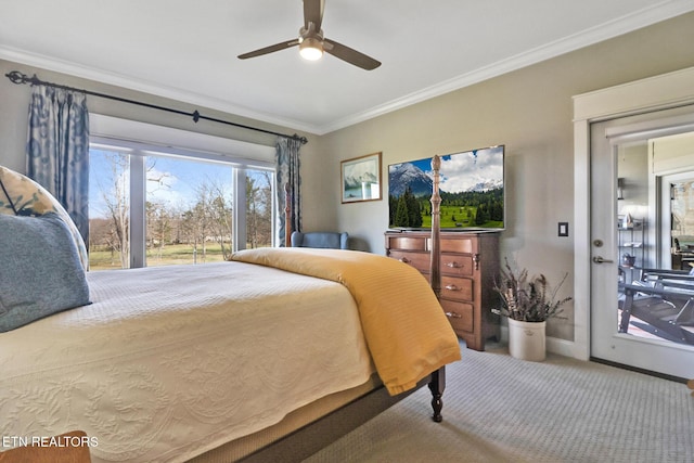 carpeted bedroom with access to exterior, ornamental molding, and ceiling fan