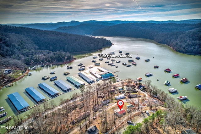 bird's eye view with a water and mountain view