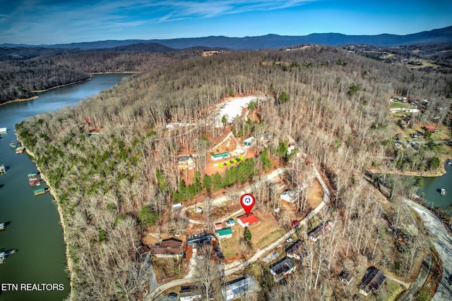 birds eye view of property with a water and mountain view