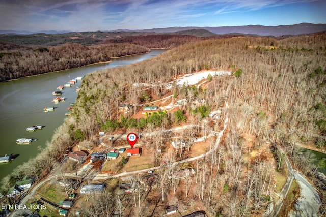 bird's eye view featuring a water and mountain view