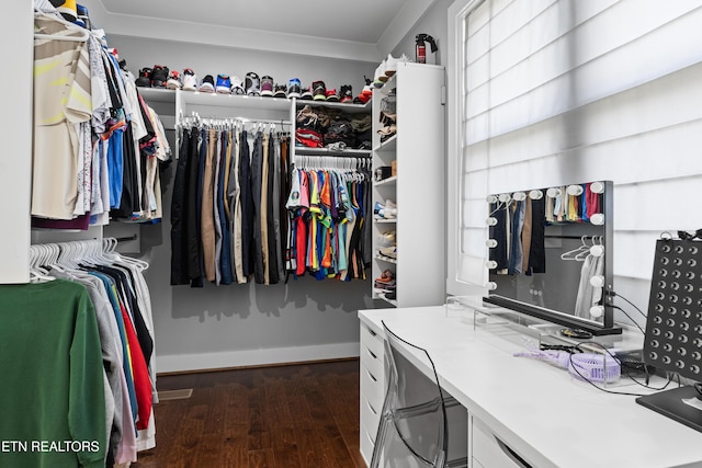 spacious closet featuring dark wood-style floors