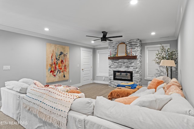 living room with carpet floors, ornamental molding, and recessed lighting