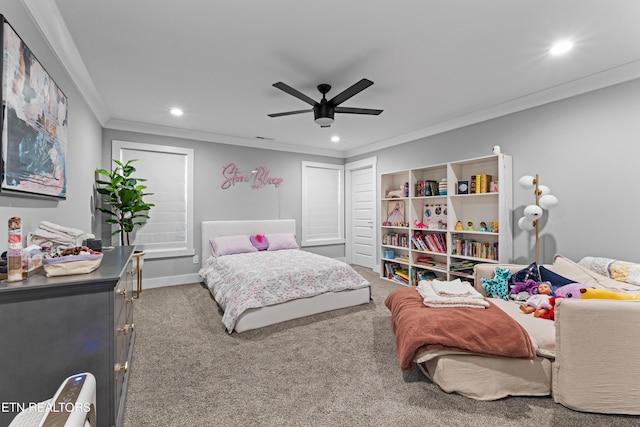 bedroom featuring baseboards, a ceiling fan, ornamental molding, carpet flooring, and recessed lighting