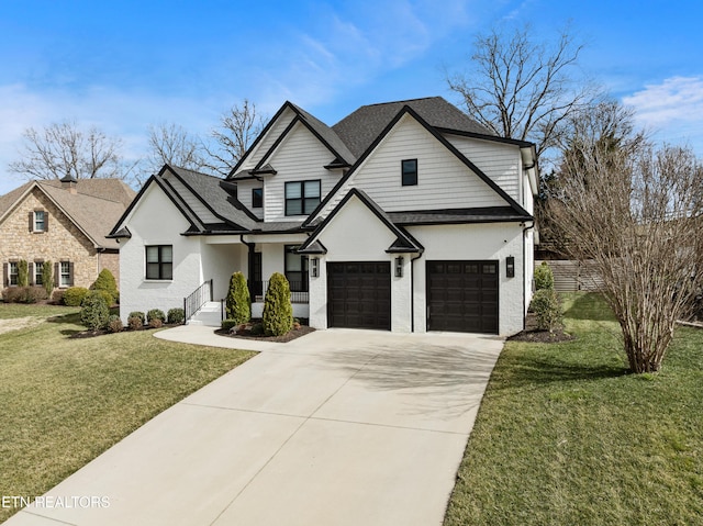 modern inspired farmhouse featuring a garage, a front lawn, concrete driveway, and roof with shingles