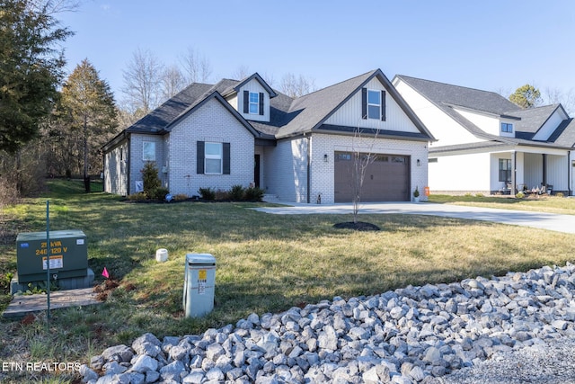 view of front of property featuring an attached garage, concrete driveway, brick siding, and a front yard