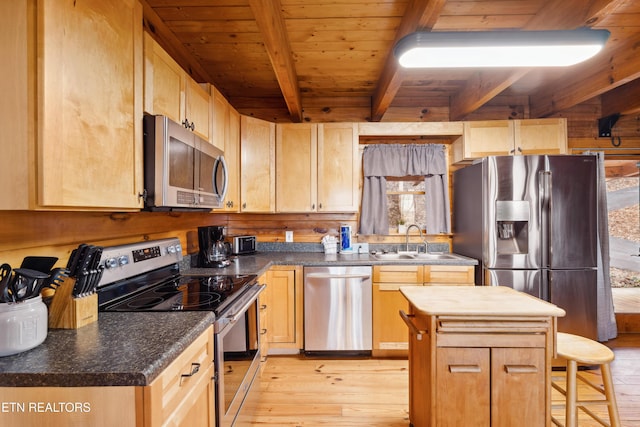 kitchen with stainless steel appliances, a kitchen island, sink, and light wood-type flooring