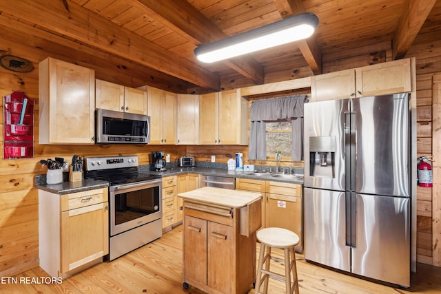 kitchen featuring stainless steel appliances, light brown cabinetry, sink, and a kitchen island