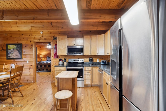 kitchen with wood ceiling, light hardwood / wood-style flooring, light brown cabinets, a kitchen island, and stainless steel appliances