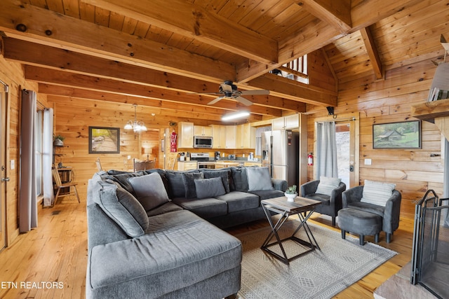 living room with wood ceiling, wooden walls, and light wood-type flooring