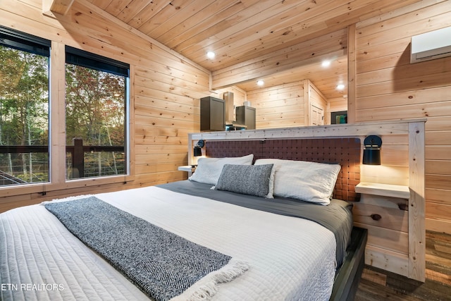 bedroom with wooden walls, a wall mounted AC, vaulted ceiling, and wooden ceiling