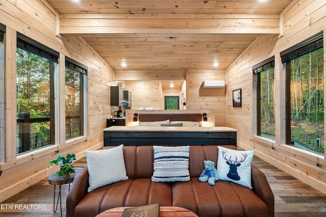 sunroom with beamed ceiling and wood ceiling