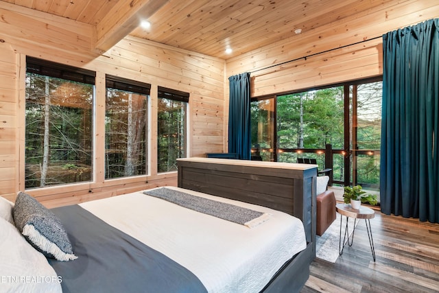 bedroom featuring hardwood / wood-style flooring, wood ceiling, wooden walls, and beam ceiling