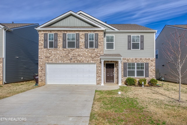 craftsman inspired home with a front yard, concrete driveway, brick siding, and an attached garage