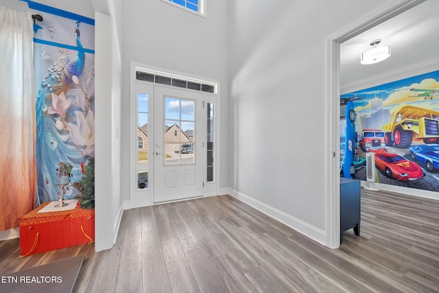 foyer entrance featuring crown molding and hardwood / wood-style floors