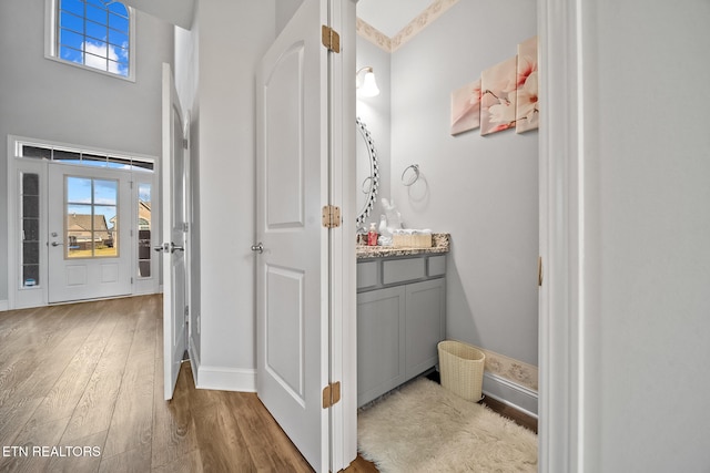 bathroom featuring vanity and hardwood / wood-style floors