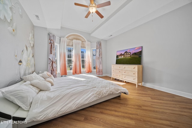 bedroom featuring hardwood / wood-style flooring and ceiling fan