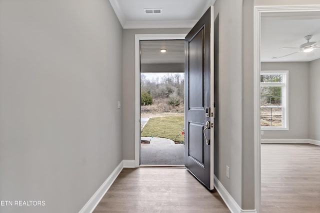 entryway featuring ceiling fan and light wood-type flooring