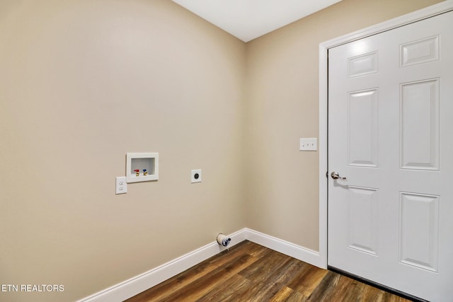 clothes washing area featuring electric dryer hookup, hookup for a washing machine, and dark wood-type flooring