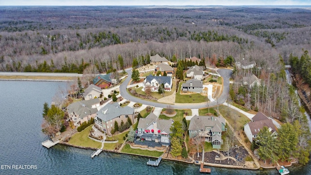 bird's eye view with a water view and a forest view