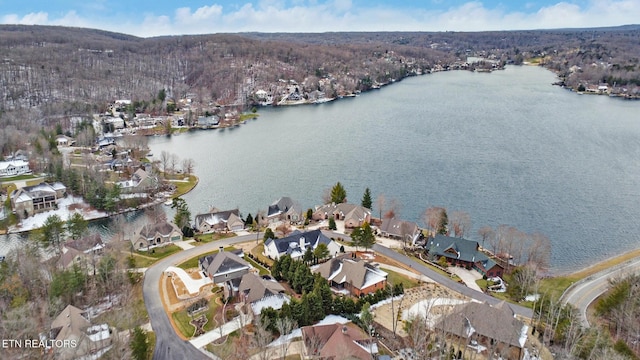 aerial view featuring a water view and a residential view