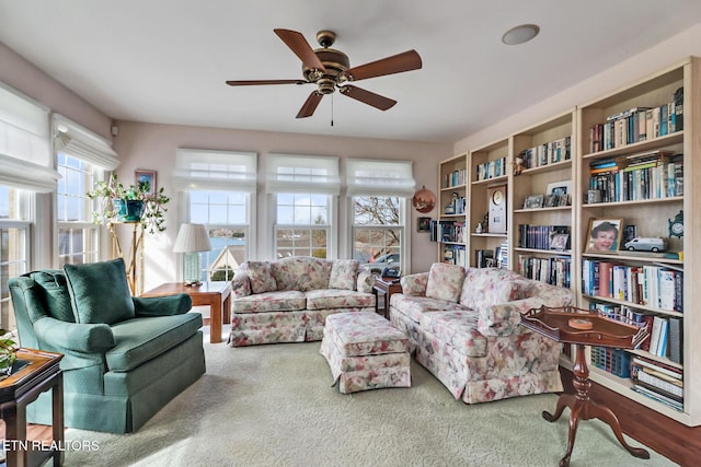 living area featuring a ceiling fan